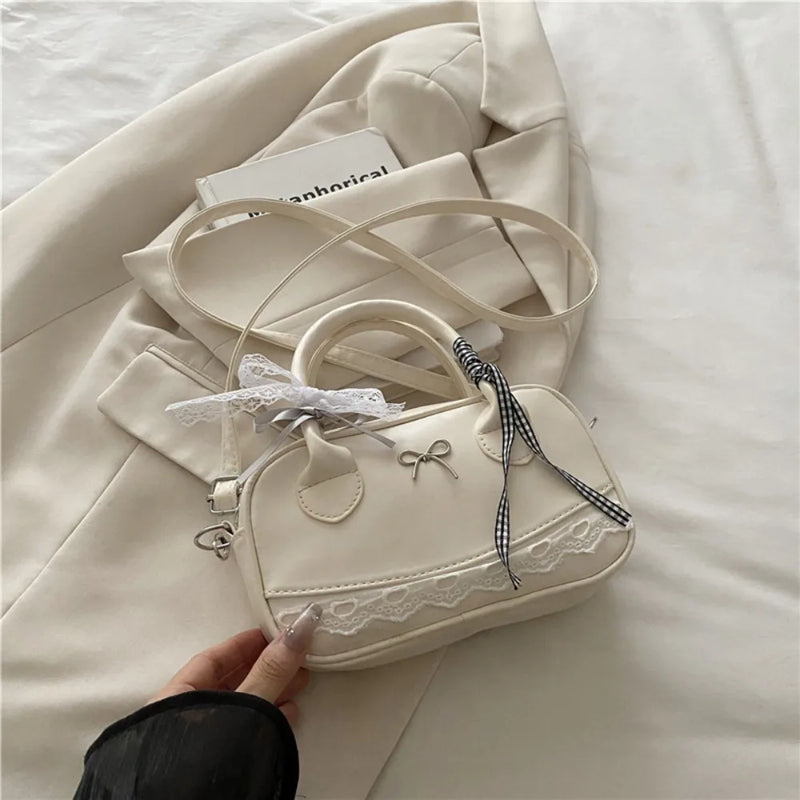 Zipper PU Leather Boston Handbag Lace Ribbon Bow Crossbody Bowling Bag Korean Style Waterproof Small Square Bag Travel