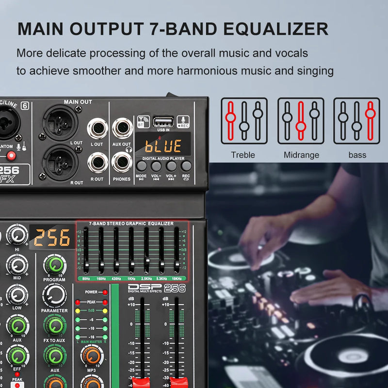 LEUS AU6 Channel Audio Mixer with 256 DSP Effects - 48V Phantom Power, Bluetooth & USB Connectivity, Supports PC Recording, DJ M