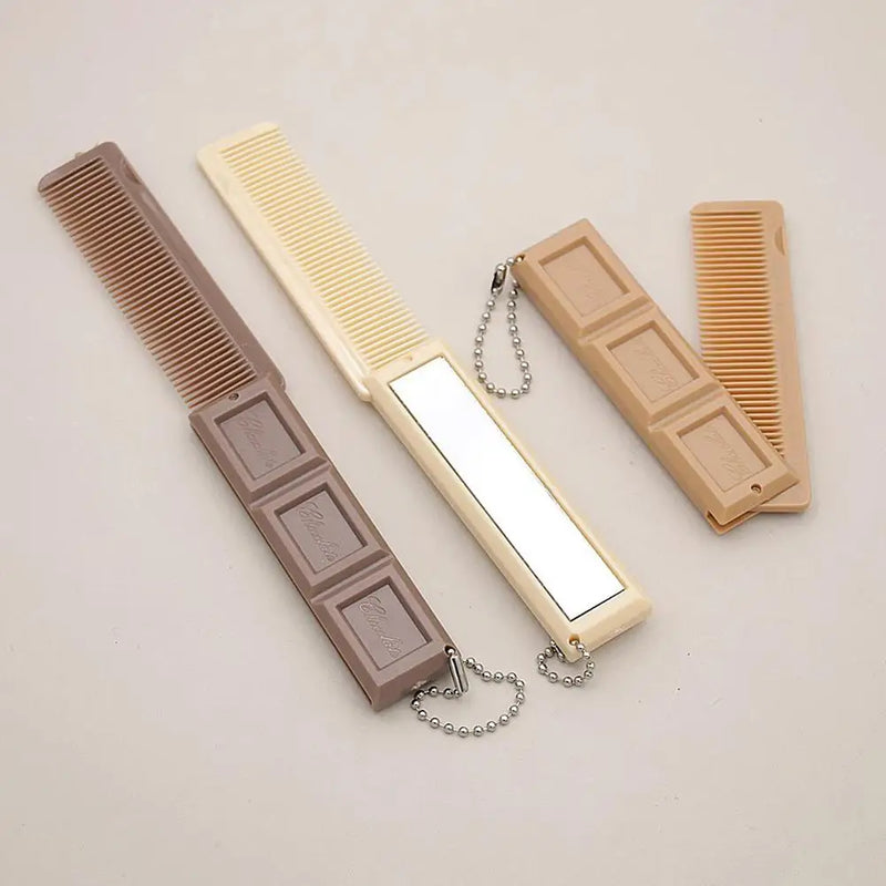 2 in 1 Portable Folding Comb Chocolate-Shaped Mini Compact Hair Comb with Mirror Creative Travel Hair Smooth Styling Tool