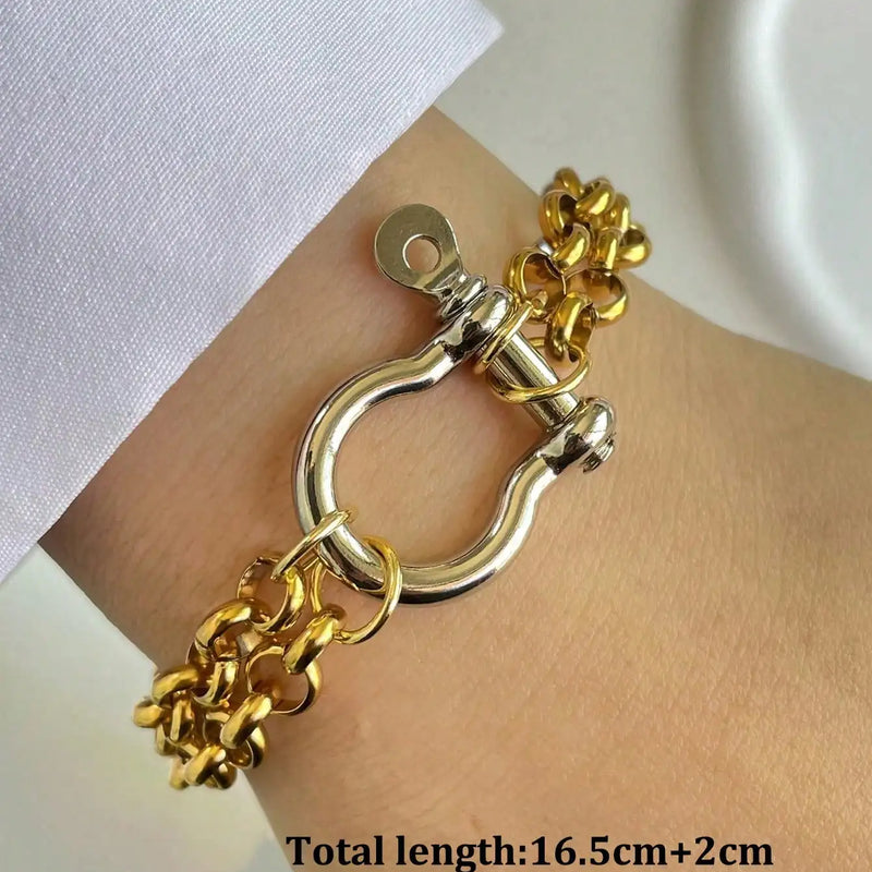 1PC Luxury Gold& Silver Horseshoe Bracelet,Chunky Chain Bracelet,Stainless Steel Chain,Unique Bracelet, for Daily & festival