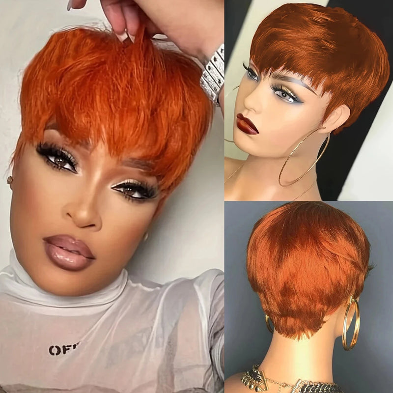 Ginger Orange Color Short Bob Wig with Bangs Peruvian Hair full machine made Short Pixie Cut Bob Wig Remy 100% Human Hair Wigs