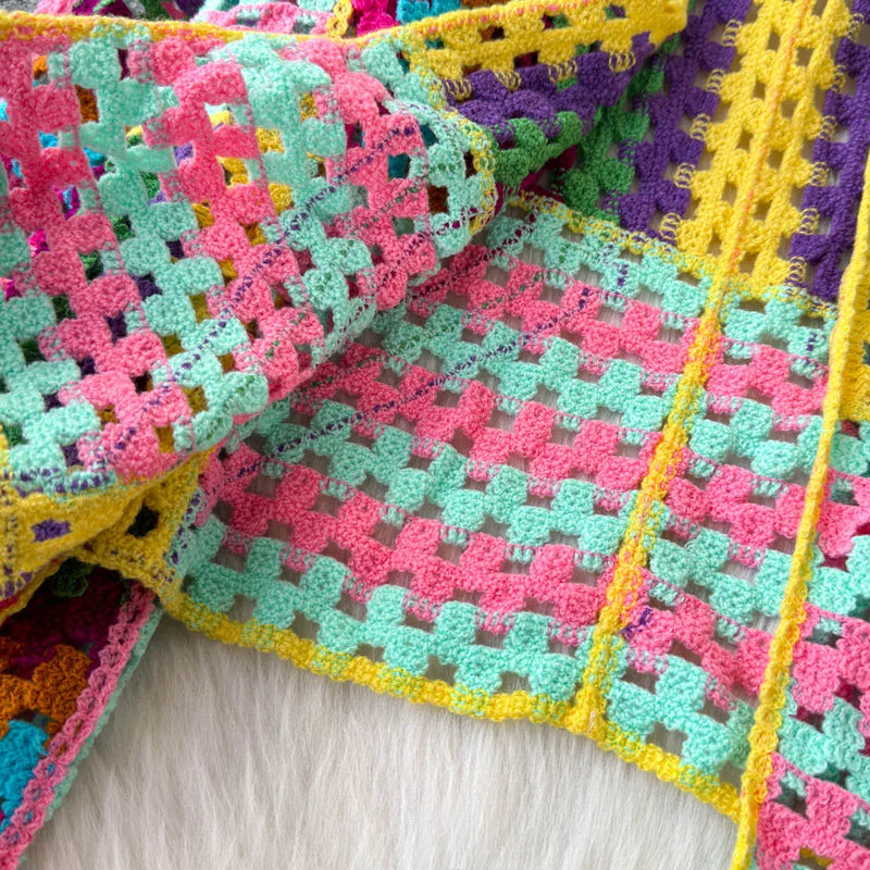 Multicolor Crochet Cardigan Women Sheer Openwork Patchwork Knit Open Front Sweater Jacket  Boho Beach Vacation Festival Outfit