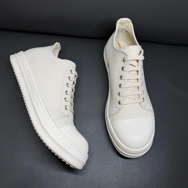 Classic Men's And Women's Low Top Casual Sneakers White Beige Canvas Thick Sole Lace-Up Luxury Flat Shoe