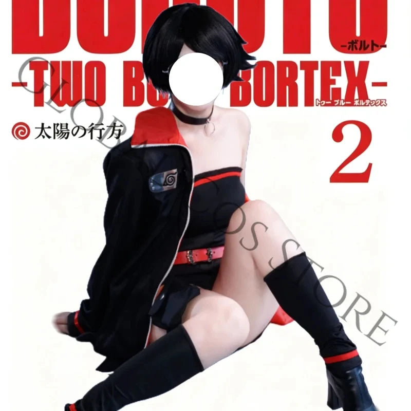 HappyAnime Character Uchiha Sarada Cosplay Costume Black Tube Top Red Belt and Choker Props Set Battle Suit for Comic Con Dess U