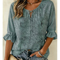 Women's Sage Tiny Dot All Over Print Tie V Neck Blouse Ruffle Cuff Lightweight Casual Shirt