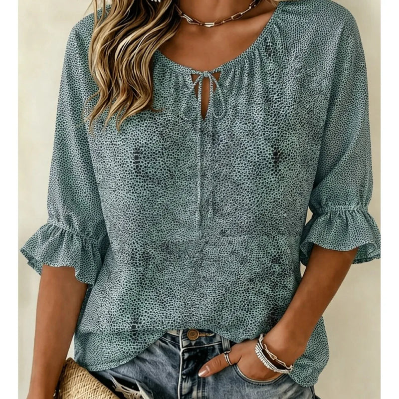Women's Sage Tiny Dot All Over Print Tie V Neck Blouse Ruffle Cuff Lightweight Casual Shirt
