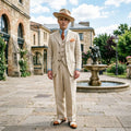 Beige Linen Men 3 Piece Suit 1970s Retro Slim Fit Summer Formal Wear Fabric Vintage Style Groomsmen Outfit for Wedding Party