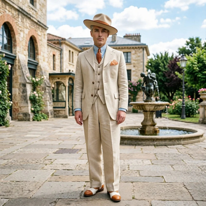 Beige Linen Men 3 Piece Suit 1970s Retro Slim Fit Summer Formal Wear Fabric Vintage Style Groomsmen Outfit for Wedding Party
