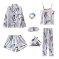 Spring Autumn 7 Pieces Set Silk Elegant Women Pajamas Print Shorts Long Sleeve Top Elastic Waist Pants Lounge Sleepwear