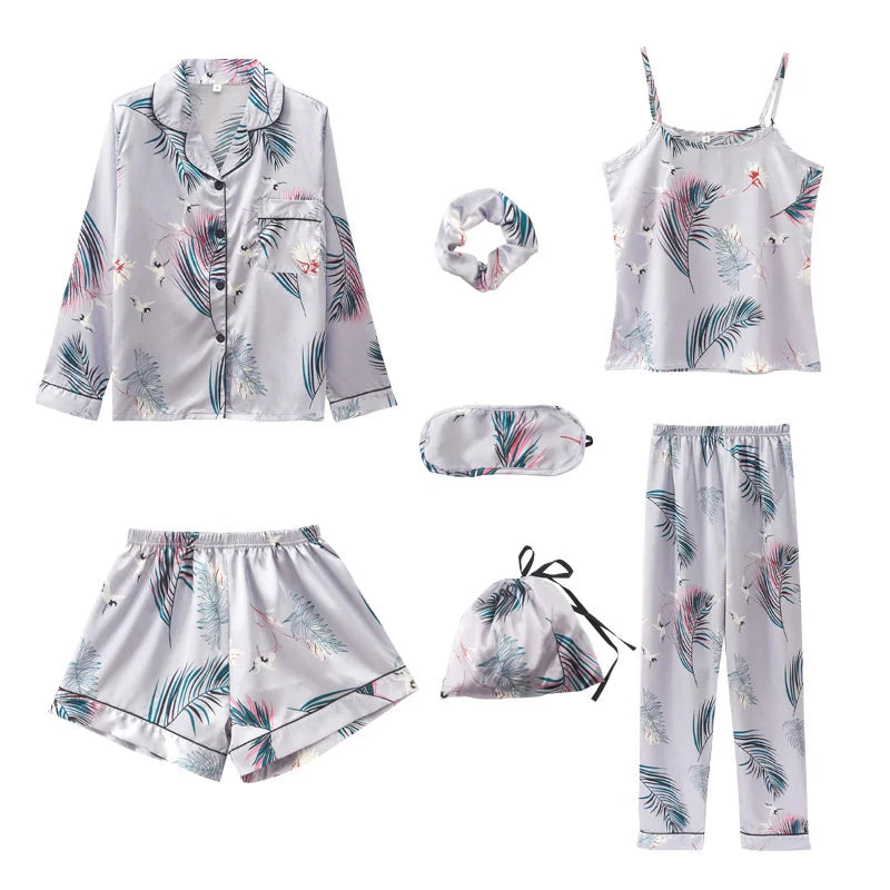 Spring Autumn 7 Pieces Set Silk Elegant Women Pajamas Print Shorts Long Sleeve Top Elastic Waist Pants Lounge Sleepwear
