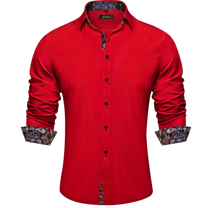 DiBanGu Men Shirt Long Sleeve Black Solid Red Paisley | SAMAG
