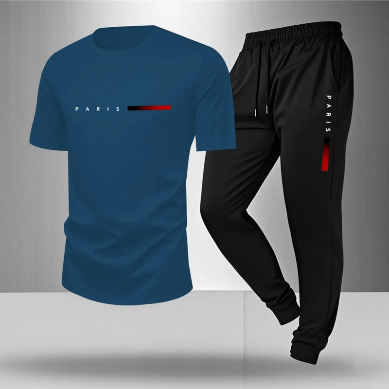 Spring/Summer Paris Letter Printed Round Neck Casual Comfortable Breathable T-shirt with Drawstring Outdoor Sports Pants Set