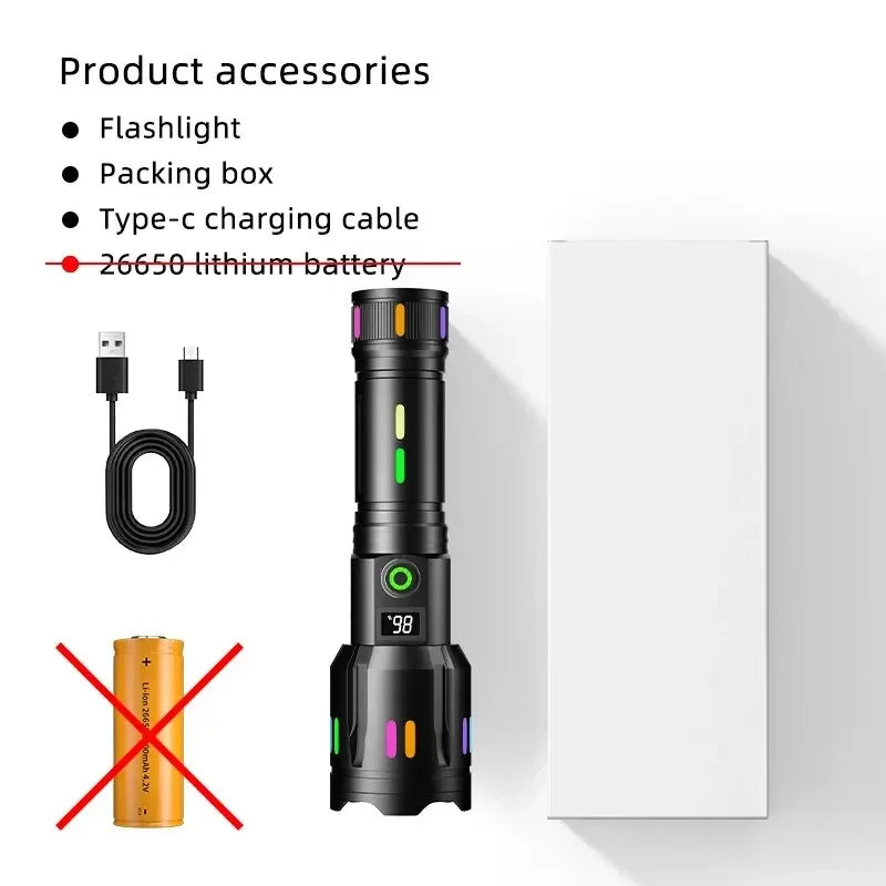 Long Range LED Flashlight High Power Spotlight Fluorescent Absorbing Film Luminous Colorful Zoom Flashlight Camping Emergency