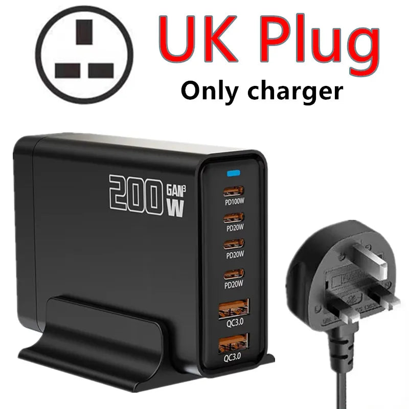 200W Desktop USB C Quick Charger GaN PD Fast Charger 6 Port Mobile Charging Adapter For Laptop iPhone 17 16 15 Samsung Xiaomi