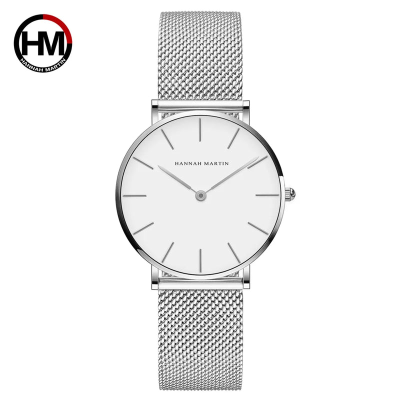 Stainless Steel Mesh Strap Women's Watch 36mm Silver Minimalist Dial Japanese Quartz Movement 6.9mm Slim Clock 3Bar Life Waterproof Local Fast Shipping Hannah Martin Brand Watch