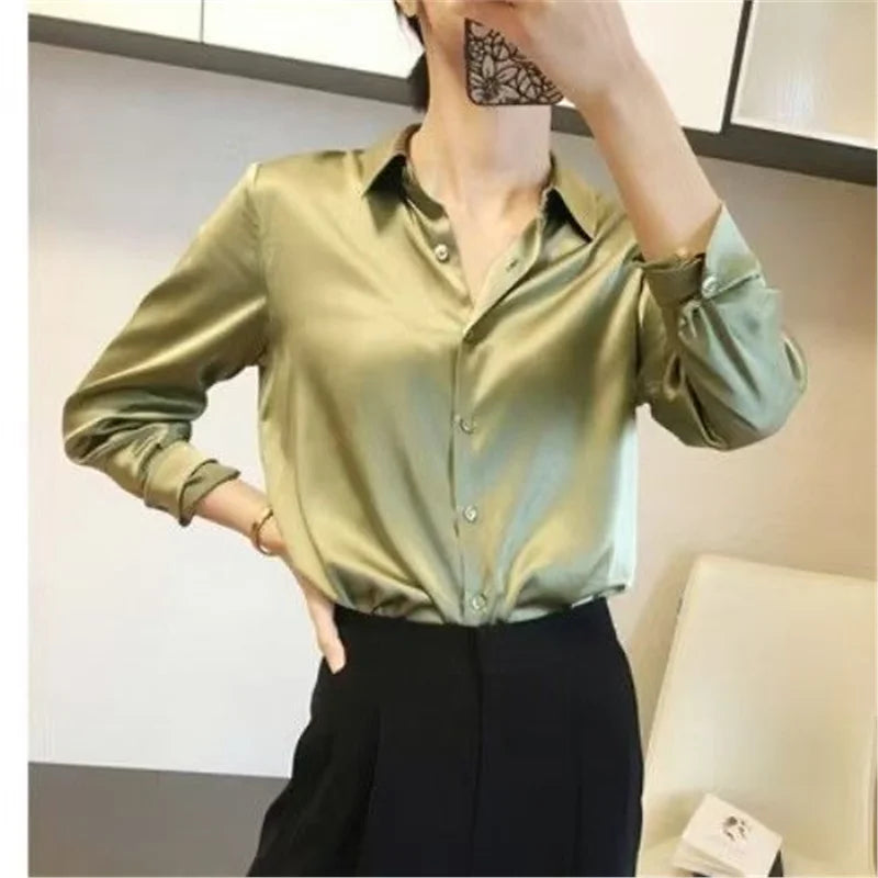 Ele Purple Silk Satin Long Sve Women's irt Profional Faionable Commuting Sle Autumn New Arrival Loose Fit Pol...