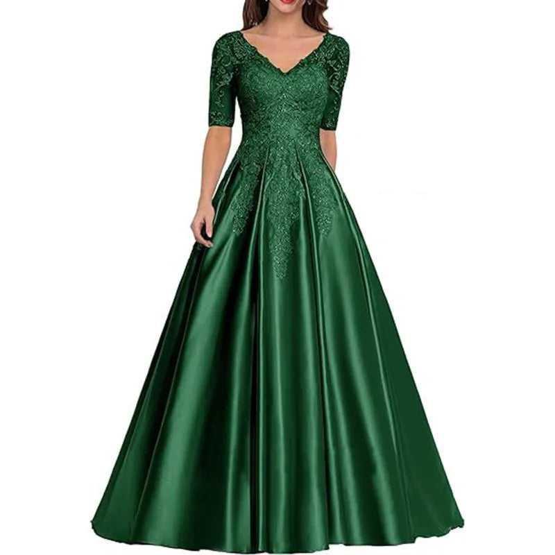 A Line Women Evening Dresses Satin Appliques V Neck Prom | SAMAG