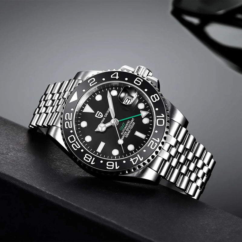 Top PAGANI DESIGN PD1662 Men GMT Automatic Mechanical Watch Black Ceramic Bezel Sapphire Glass 100M Waterproof Jubilee Stainless Steel Bracelet Sports Diver Wristwatch Reloj Hombre+gift box