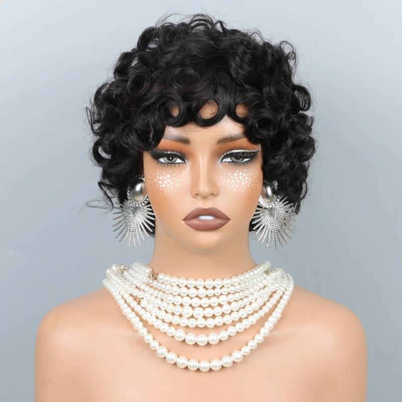 Curly Pixie Cut Human Hair Wigs For Women Black Full Machine Made Short Curly Wigs For Women Brazilian Remy Hair 200% Density