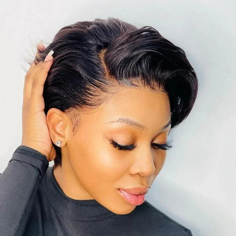 Burmese Hair Side Part Pixie Cut Straight Wigs Short Bob Hair Wig 100% Human Hair 13x4 Lace Front Human Hair Wigs Natural Color