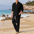 Men's Retro Cotton Linen Stand-Up Collar Long-Sleeved Suit Spring-Autumn Fashionable Loose Pure-Color Two-Piece Set
