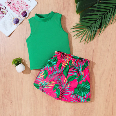 Girls Summer Fashion Set Green Sleeveless High Collar | SAMAG