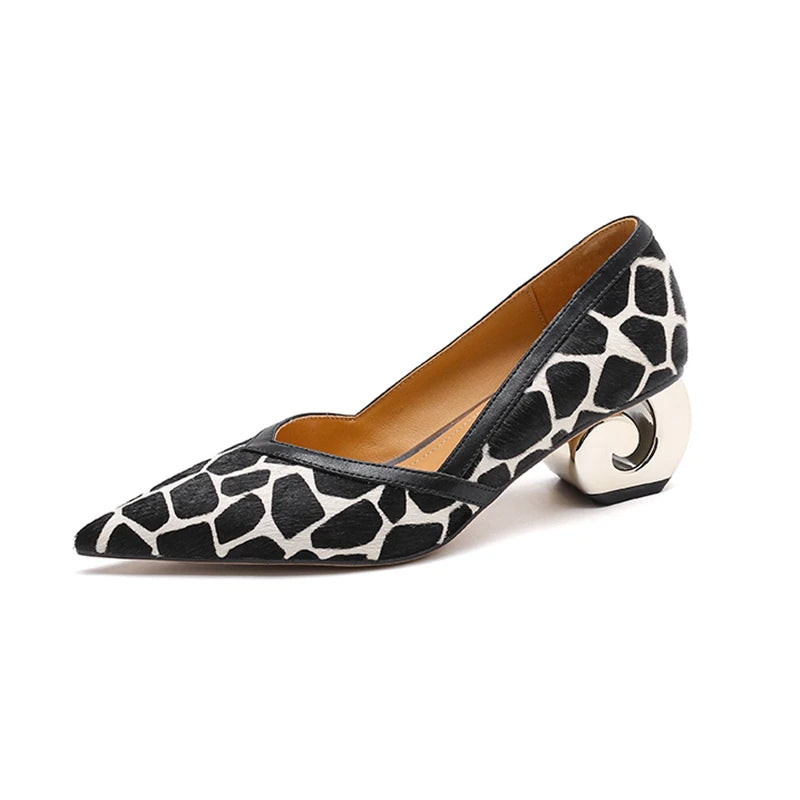 Women's New Genuine Leather Sheepskin Leopard Print Horsehair Pointed Gold-Plated Heel Spring and Autumn High Heels Work Shoes