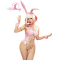 Mobbunny Women  Bunny Girl Cosplay Lingerie Set Pink Transparent Bandage Heart Buckle Bodysuit with Hand Ring Headband