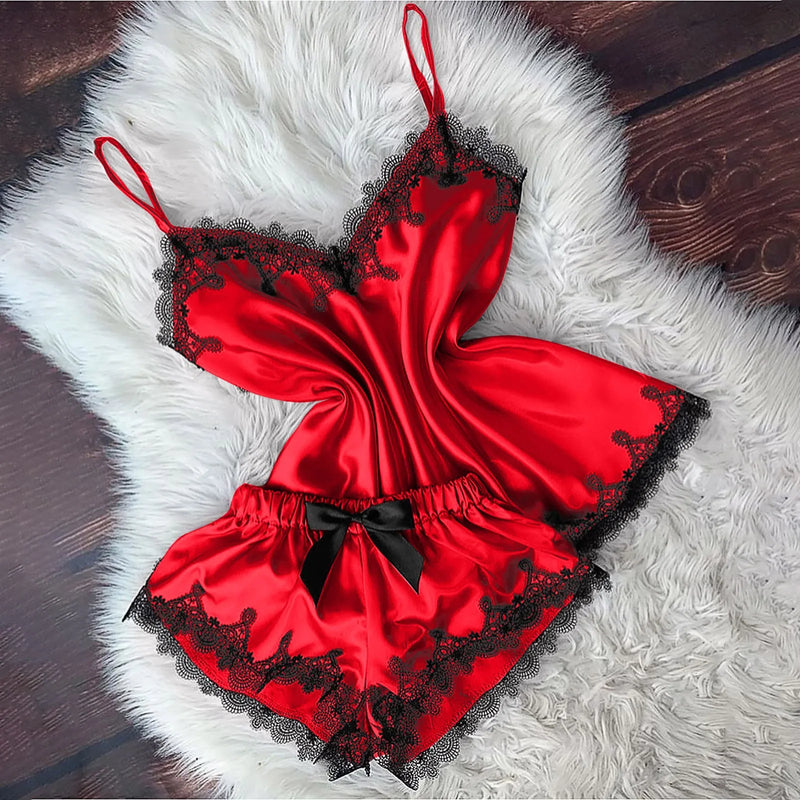 Sexy Lingerie Women Sleep Wear Camisole Bow Shorts V-Neck | SAMAG