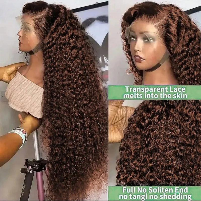 250% Density Chocolate Brown Jerry Curly 13x4 Lace Frontal Wigs Human Hair HD Lace Front Wig Human Hair  Deep Curly Wave Wig For Women