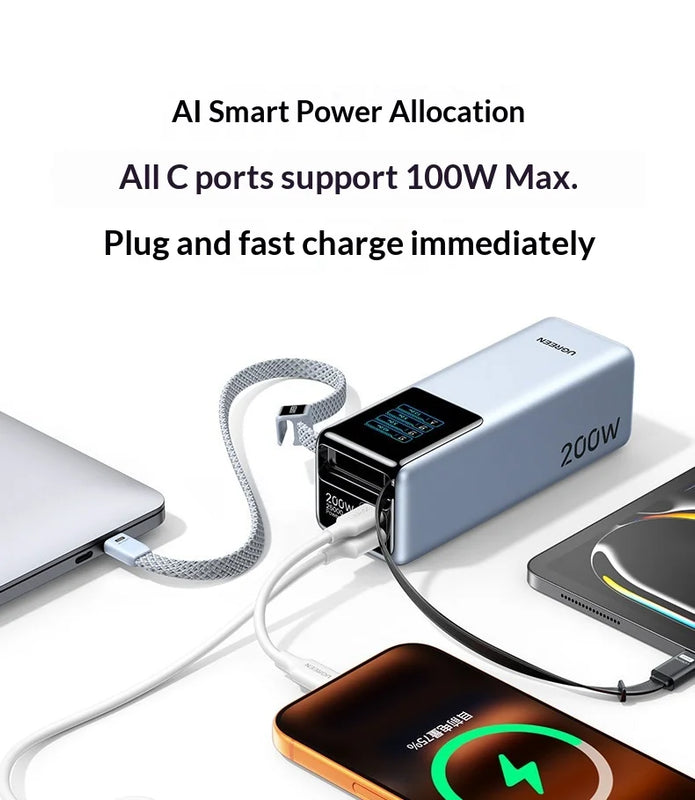 2026 NEW Ugreen PB728 200W 25000MAH Portable Power Bank With Screen And 65cm Data cable Cell Phone Power Bank PC+ABS Laptop PC
