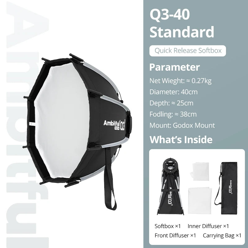 AMBITFUL Q3 Series 40/60cm Quick Release Standard SA-GD Ring Softbox For GODOX ML60 ML100 AD300PRO Video COB FlashLight