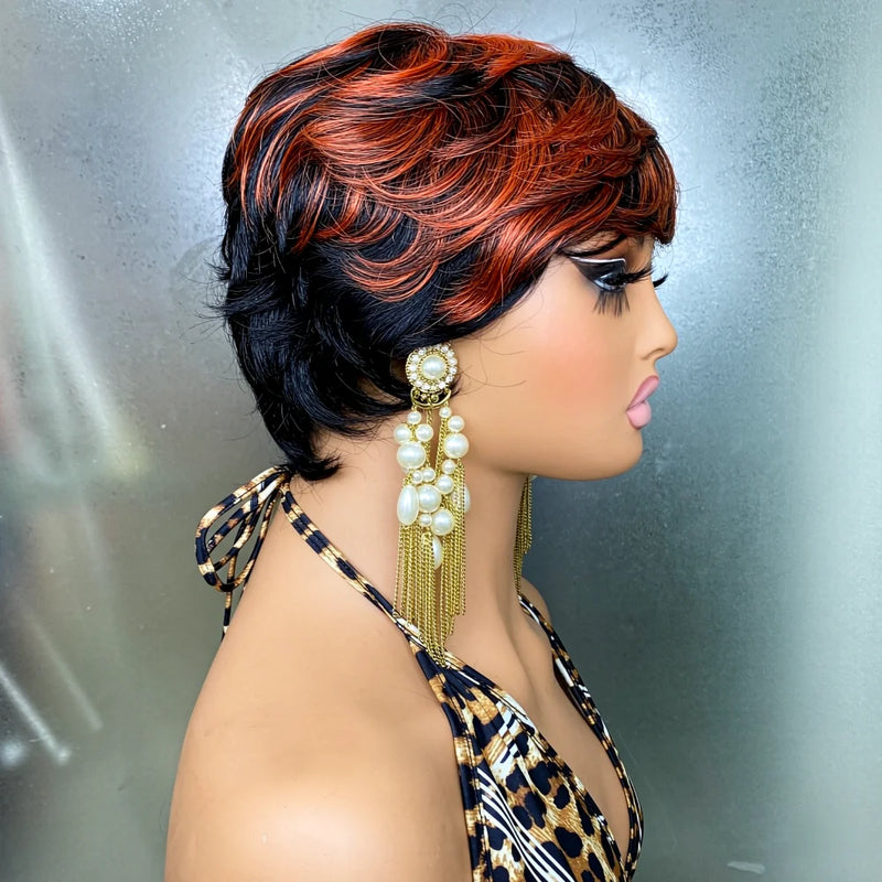 Full Machine Made Short Layered Pixie Cut Human Hair Wig, Black Ginger Ombre Highlight Human Hair Wigs for Ladies