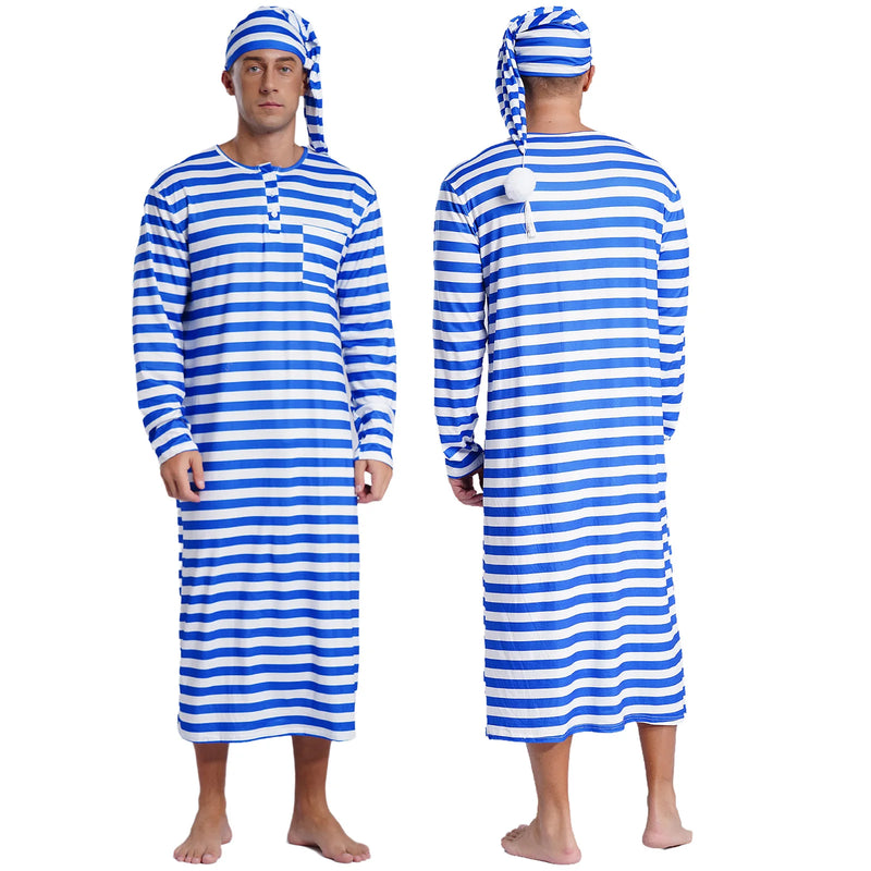 Men's Striped Nightshirt Sleep Robe Set Loose Soft Long Sleeve Sleeping Long Shirts with Night Cap Christmas Sleepwear Nightwear