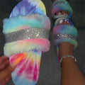 Women's New Thick Bottom Water Diamond Hairy Slippers for Women's Autumn /Winter Flat Bottom Large Slippers