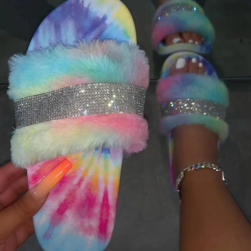 Women's New Thick Bottom Water Diamond Hairy Slippers for Women's Autumn /Winter Flat Bottom Large Slippers