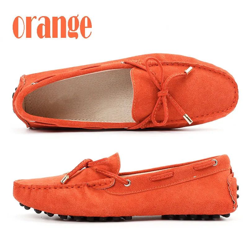 Cow leather womens shoes suede flats bow tie moccasins big size casual shoes size34-44