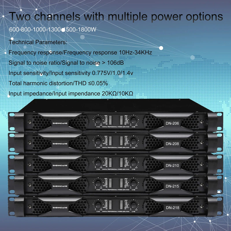 Professional Digital Power Amplifier 4x1800W Class D Audio DJ Pre-Subwoofer Amp 2/4 Channel Line Array Speaker Sound Amplifier