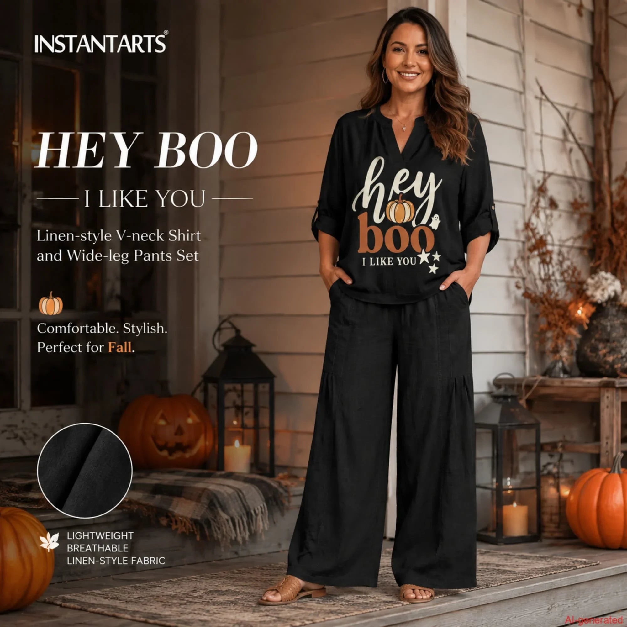 INSTANTARTS Traf 2026 Halloween Women's Matching Sets Blusas Elegantes De Mujer Tendencia 2026 Shirt and Wide Leg Pants Set
