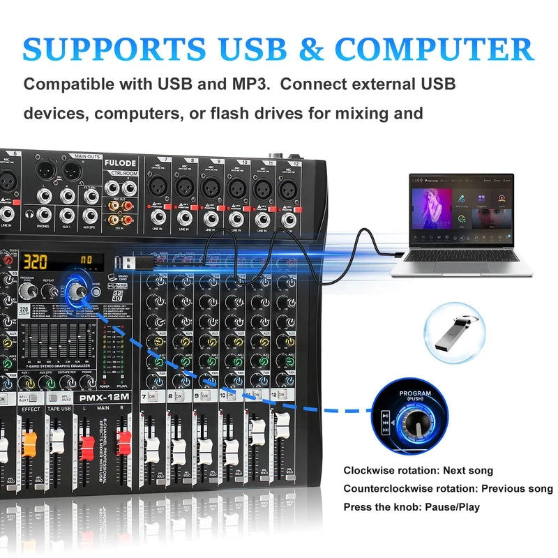 Fuluode 6/8/12/16 Channel Mixing Console Audio Mixer Mono 99 Digital Effect USB Sound Card dj Karaoke Mixer Bluetooth 48V 2 AUX