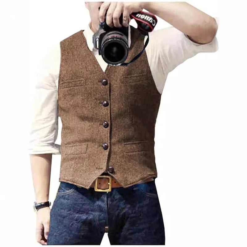 V Neck Men's Suits Vest Casual Classic Formal Business Herringbone Tweed Slim Fit Waistcoat For Wedding Groomsmen