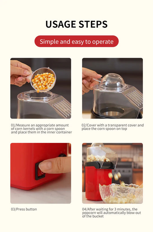 Electric Portable Popcorn Maker Fully Automatic Home Popcorn Popper Hot Air Popcorn Machine Healthy No Oil Mini Popcorn Maker