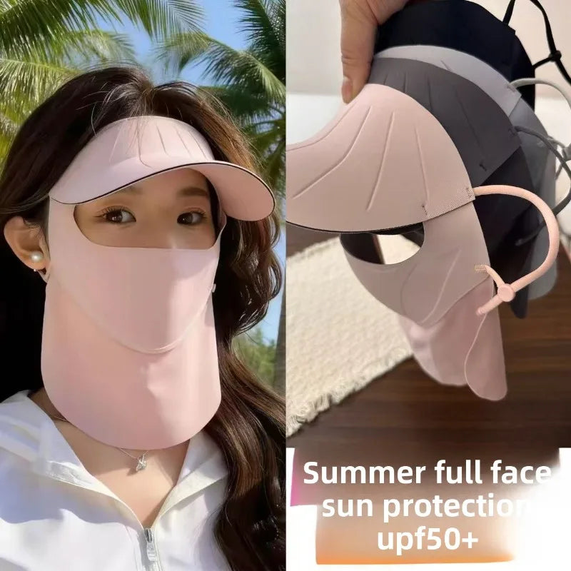 Sun Protection Integrated Face Mask Hat Ice Silk Breathable Full Face Cover UV Resistant Summer Outdoor Women Lightweight Daily
