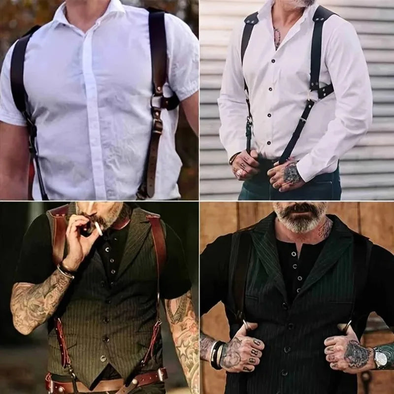 Fashion Men Knight Brown PU Leather Suspenders Fashion Suit Shirt Suspenders Belt for Party Club Costume Men Gifts
