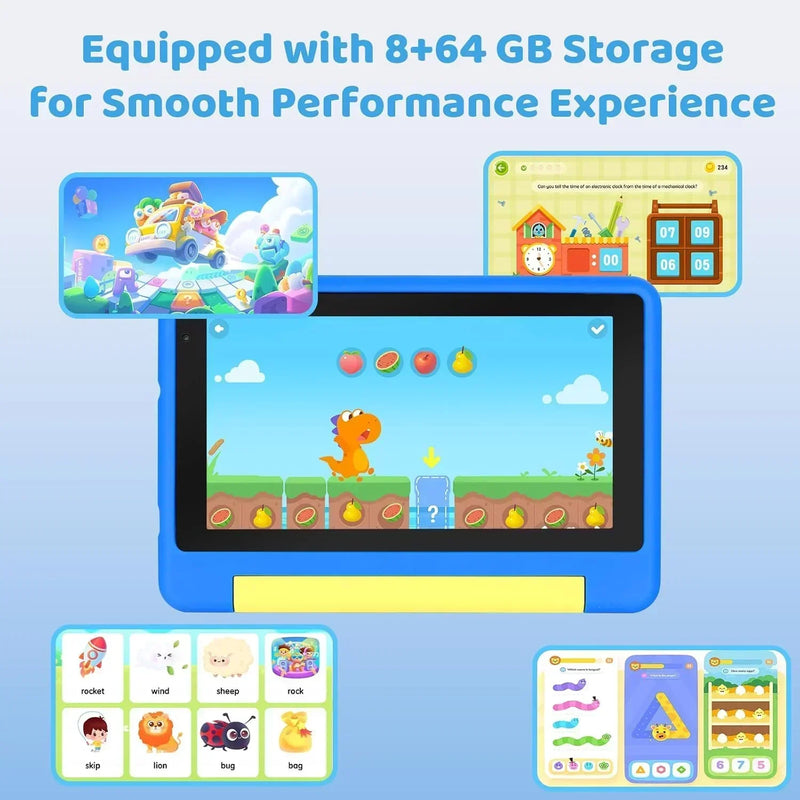 7 Inch Kids Tablet Android 13 8(2+6)GB RAM 64GB ROM Parental Control Dual Camera with Shockproof Case 2500mAh Kids Software