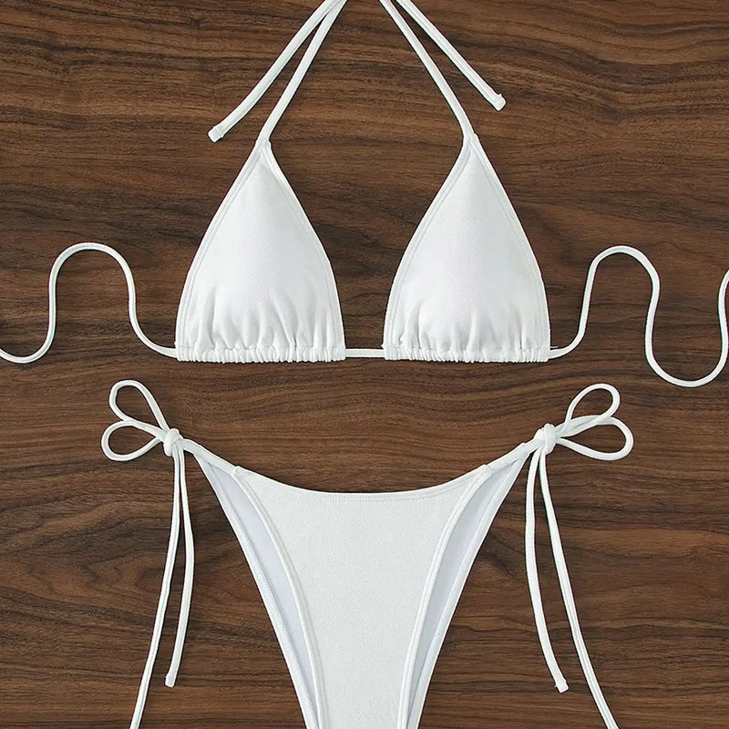 Summer white pure simple front-tie bikini swimsuit set