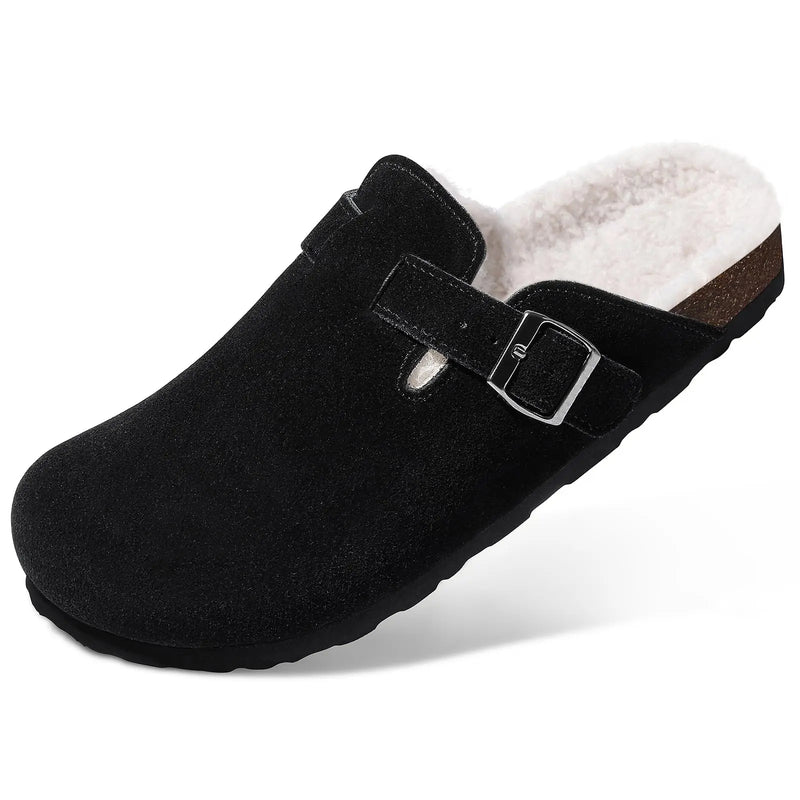 Evshine Winter Fur Clogs Slippers For Women Men Cork Footbed Plush Lined Mules Fuzzy Suede Potato Shoes Warm Furry House Clogs