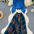 SINGREINY Fashion Spring Knitted Two Pieces Sets Women Loose Pullovers+Plaid A Line Long Skirt High Street Print Casual Suits