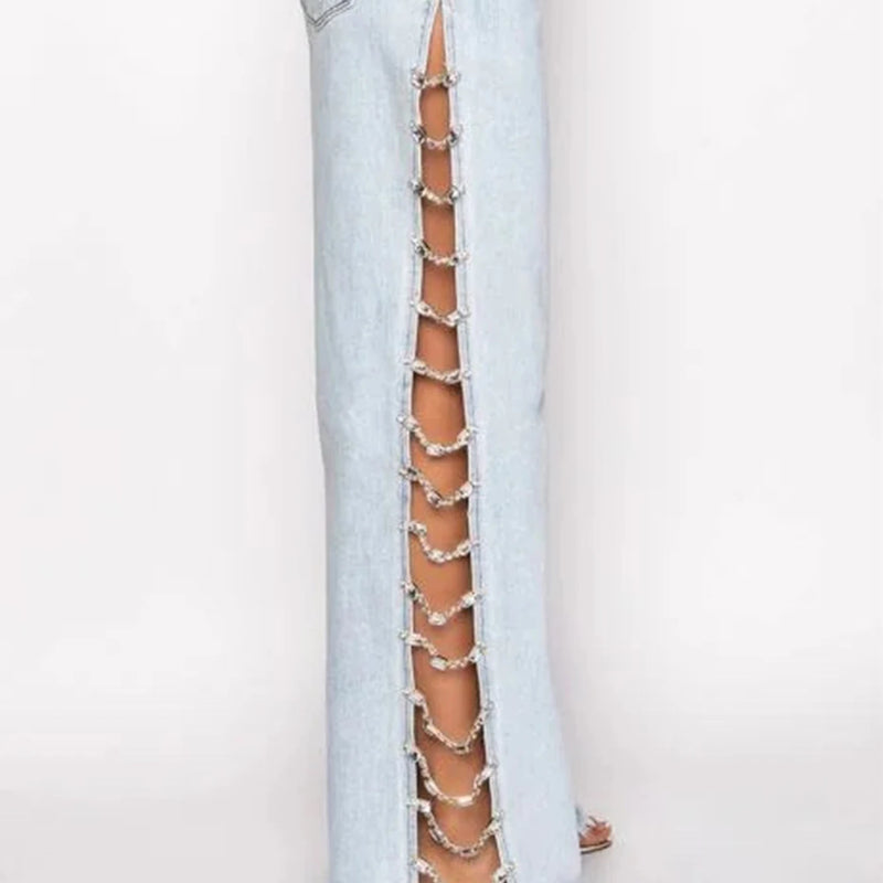 Sexy Hole Rhinestone Denim Pants Women Fashion Baggy - View 4 | SAMAG