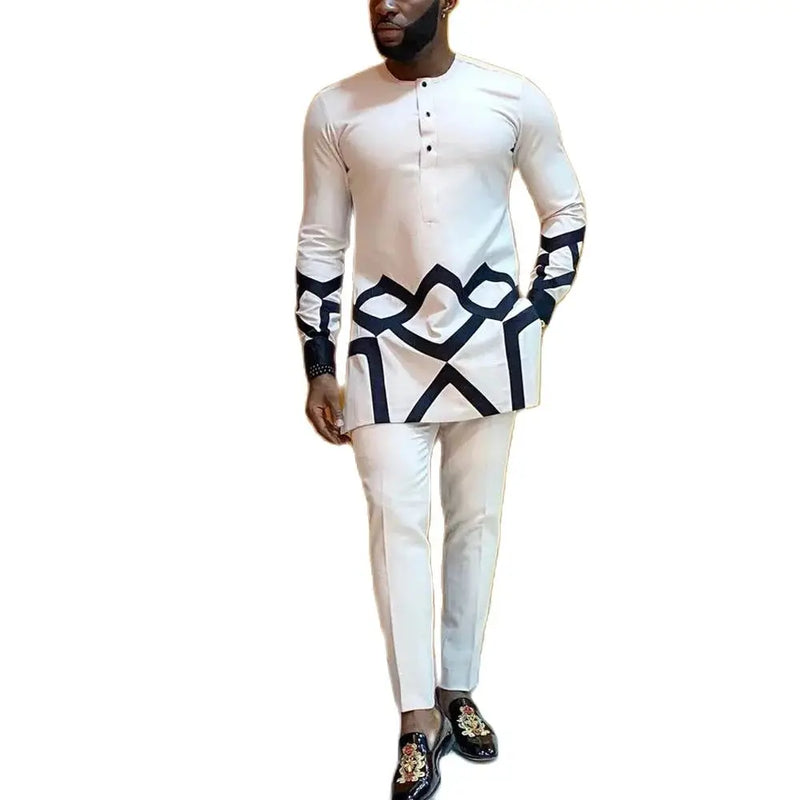 White Kaunda Suit Tuxedo Outfits Summer Short Sleeve Tops Pants with Pockets African Ethnic Casual Clothing Men Tuxedo 2PCS Suit